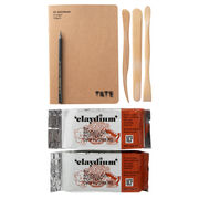 kit contents: two blocks of air dry clay, three wooden tools and an a5 sketchbook.